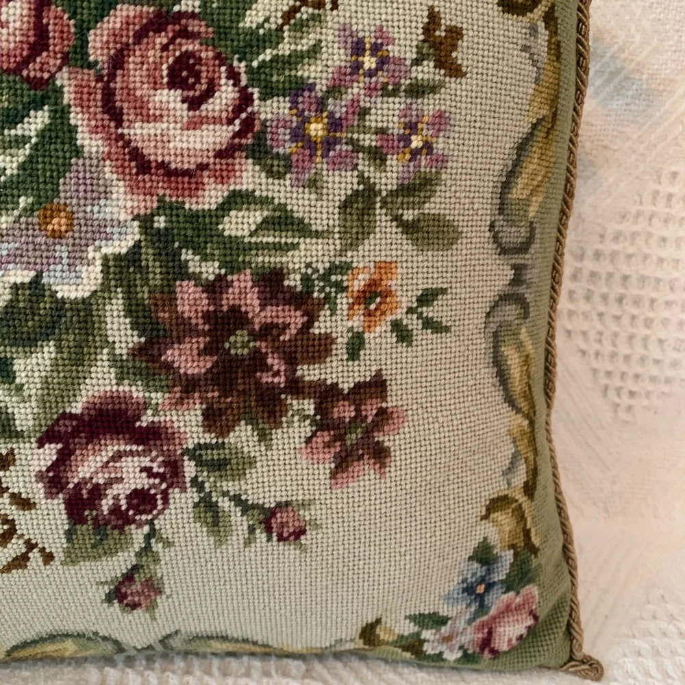 Vintage Floral Needlepoint Pillow with Green and Pink Accents